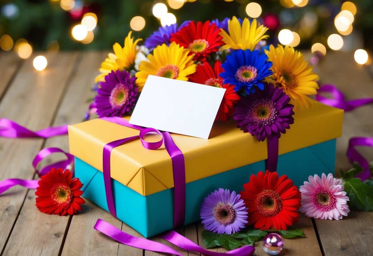 A beautifully wrapped gift box surrounded by colorful flowers and ribbons, with a card peeking out from underneath