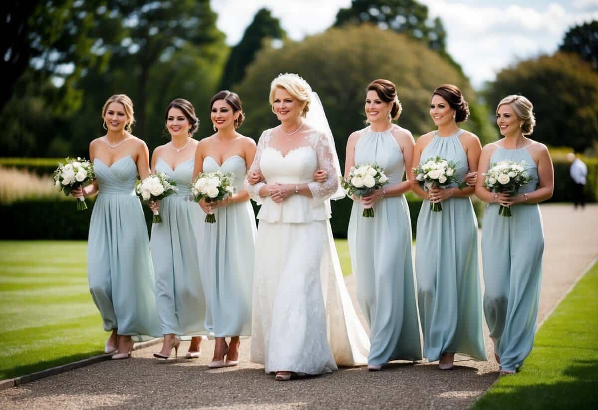 The mother of the bride walks alongside the bridesmaids, all dressed in elegant attire, as they make their way to the wedding venue