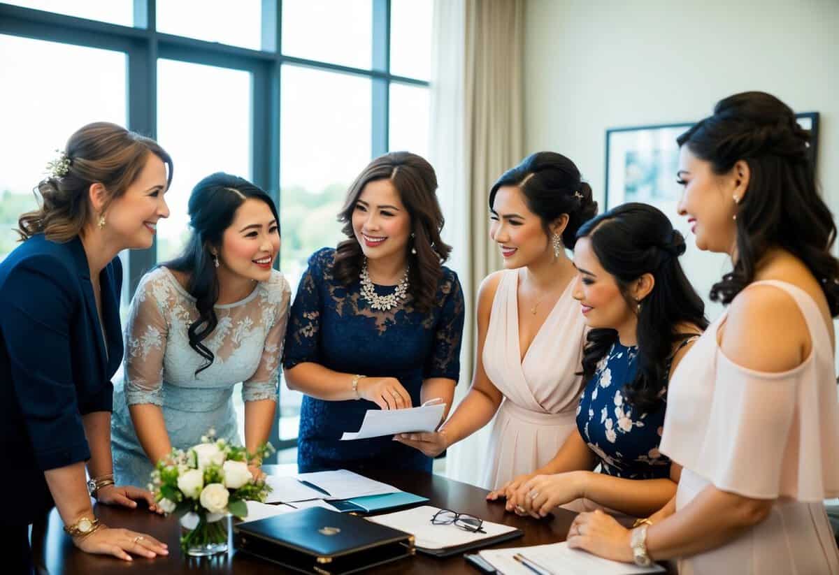 A group of women, including the mother of the bride and bridesmaids, are gathered around a travel agent's desk, discussing plans and arrangements for an upcoming wedding