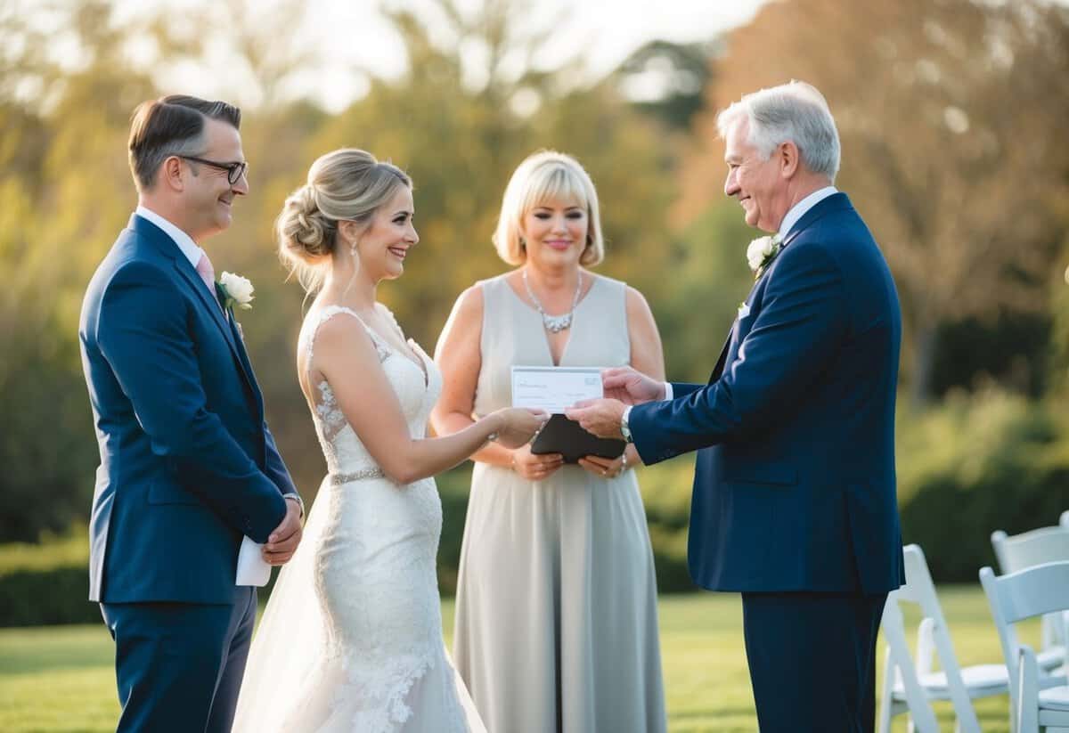 A bride's parents hand over a check to a wedding planner