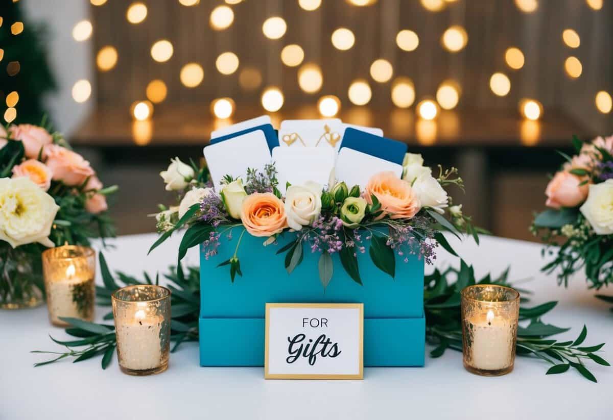 A table with a decorative box for cards, surrounded by flowers and candles, with a sign indicating it's for gifts