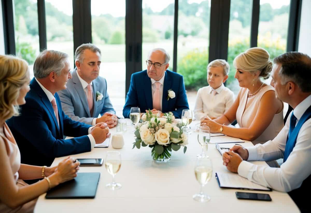 A family meeting around a table, with the parents of the bride and groom discussing wedding finances and expectations