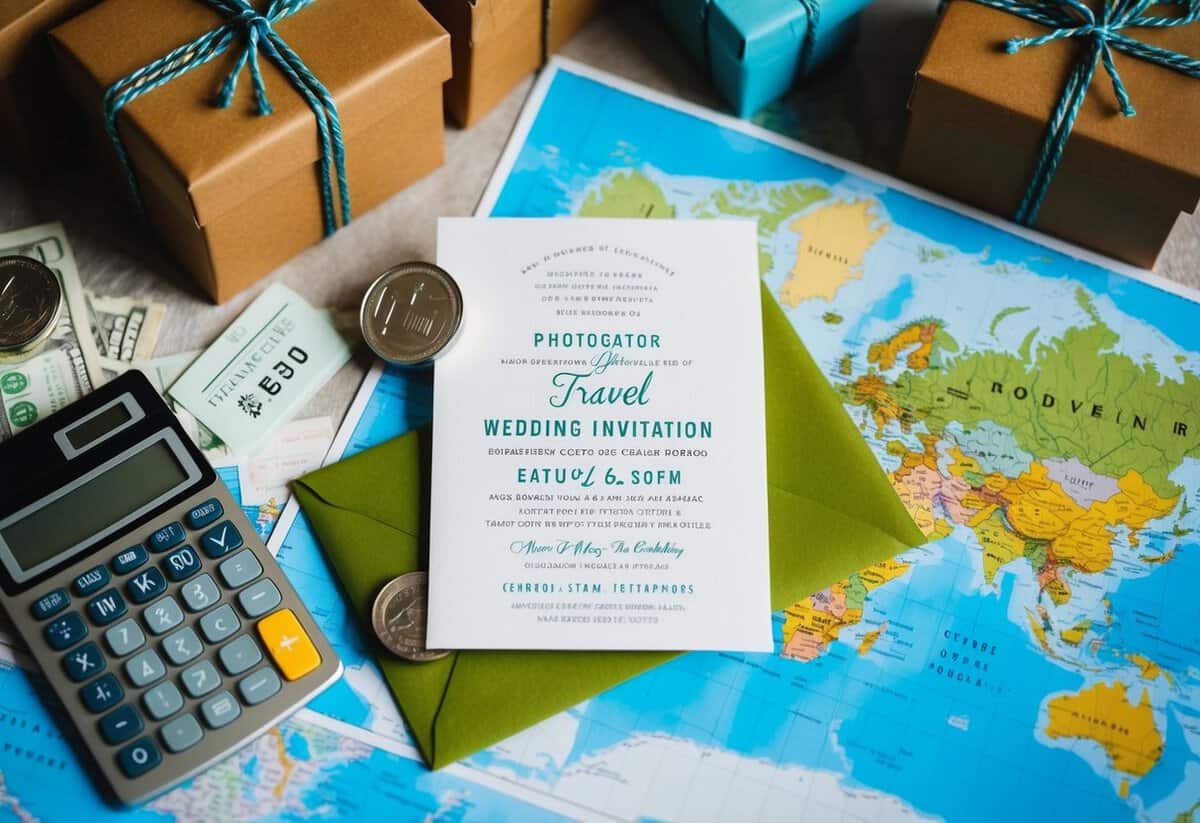 A wedding invitation surrounded by travel-themed gifts and a map, with a calculator showing various amounts of money