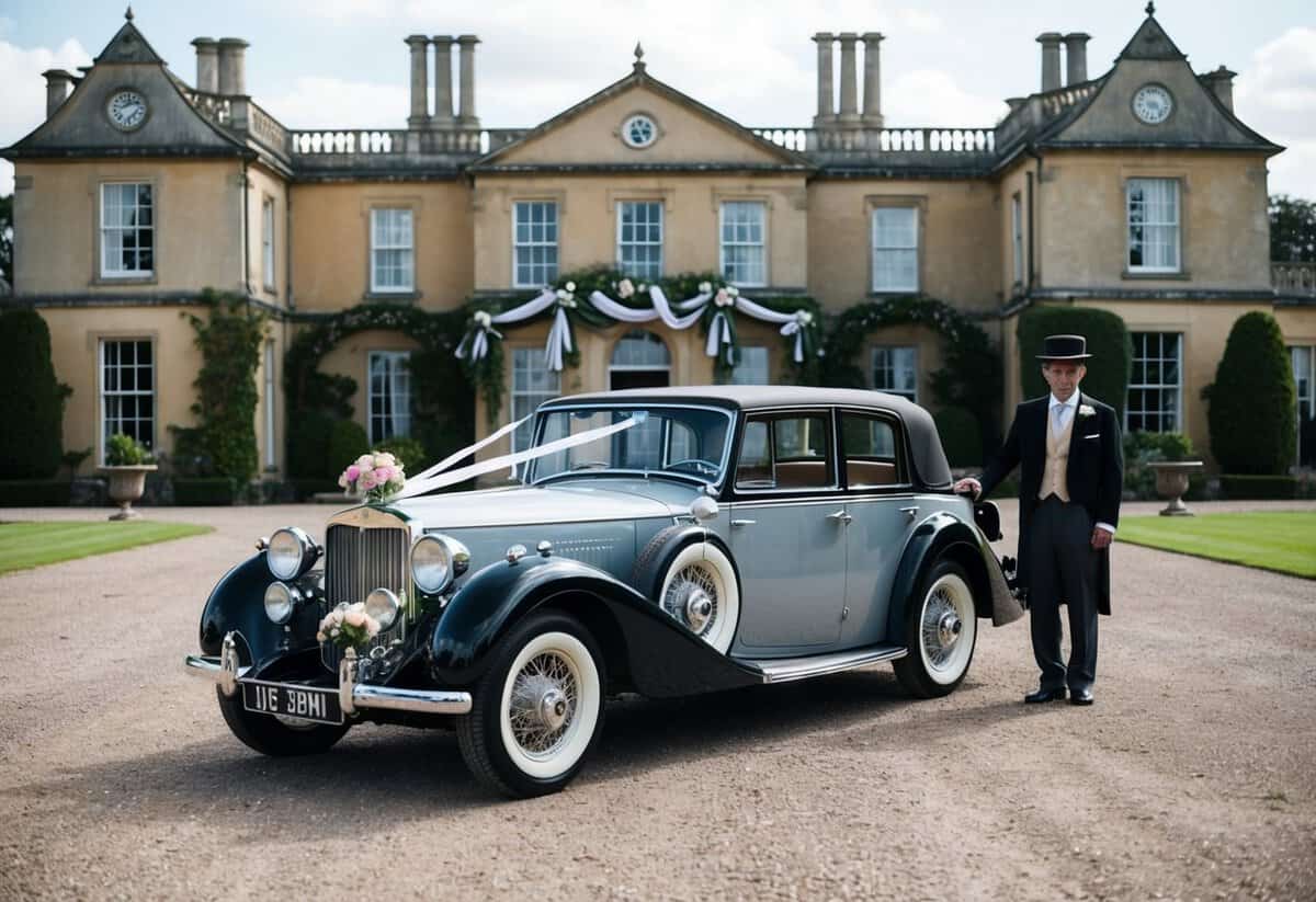 A vintage car parked in front of a stately manor, adorned with ribbons and flowers, with a chauffeur standing beside it