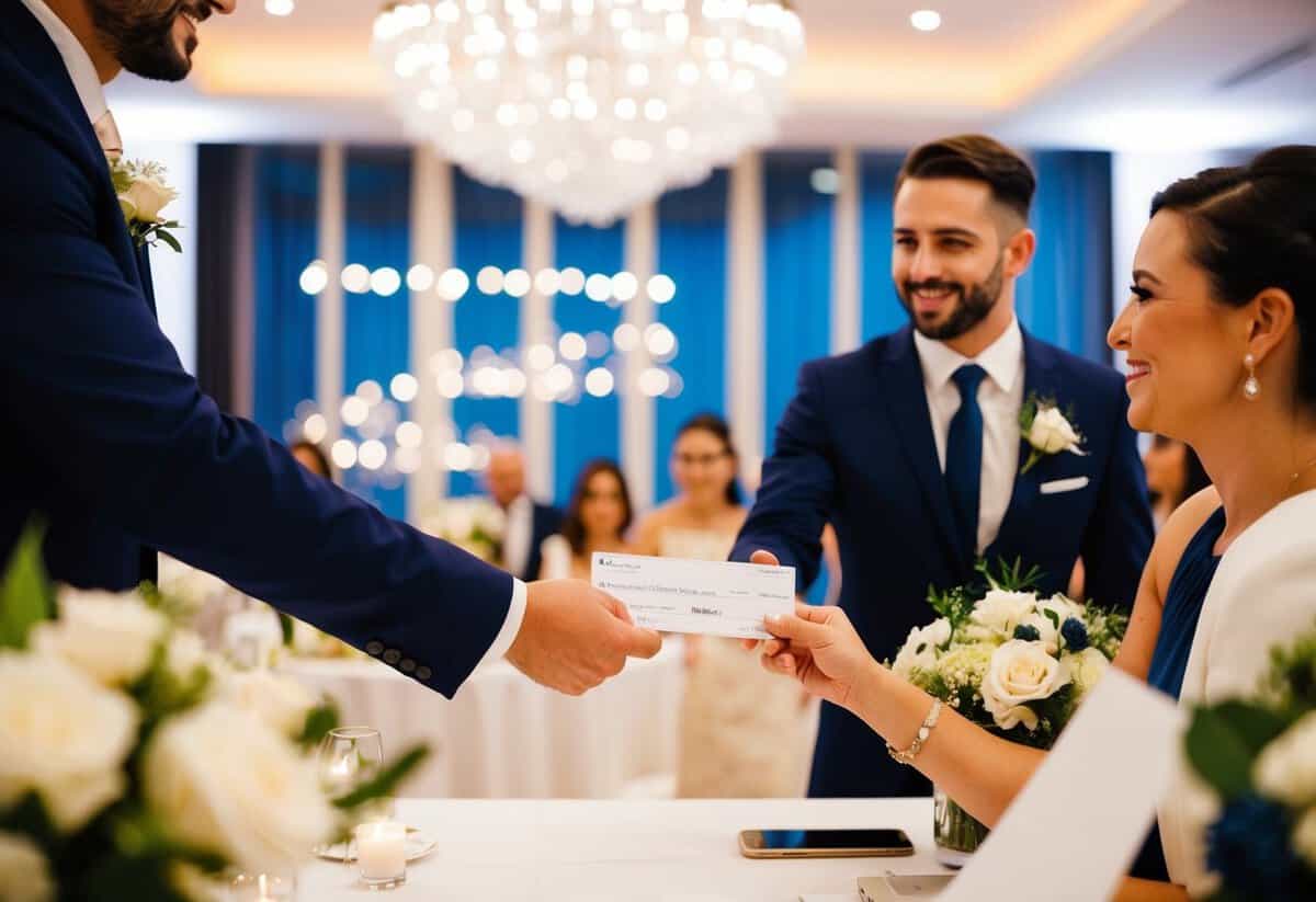 A man hands over a check to a wedding planner in a luxurious venue