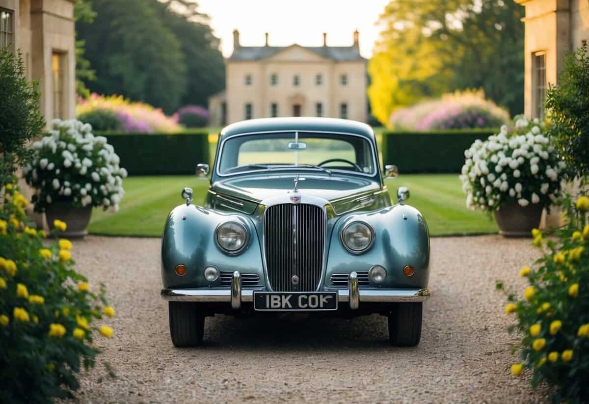 A vintage car parked in front of a grand country estate, surrounded by lush greenery and blooming flowers, with a soft golden light illuminating the scene