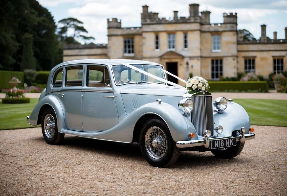 A sleek, vintage car parked outside a stately manor, adorned with ribbons and flowers, ready for a wedding