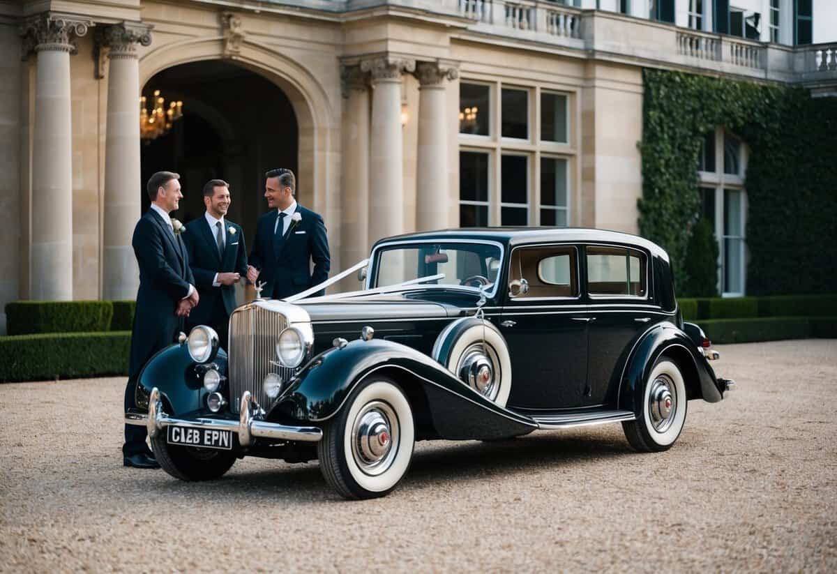 A vintage car parked outside a grand venue, with a couple discussing options with a chauffeur
