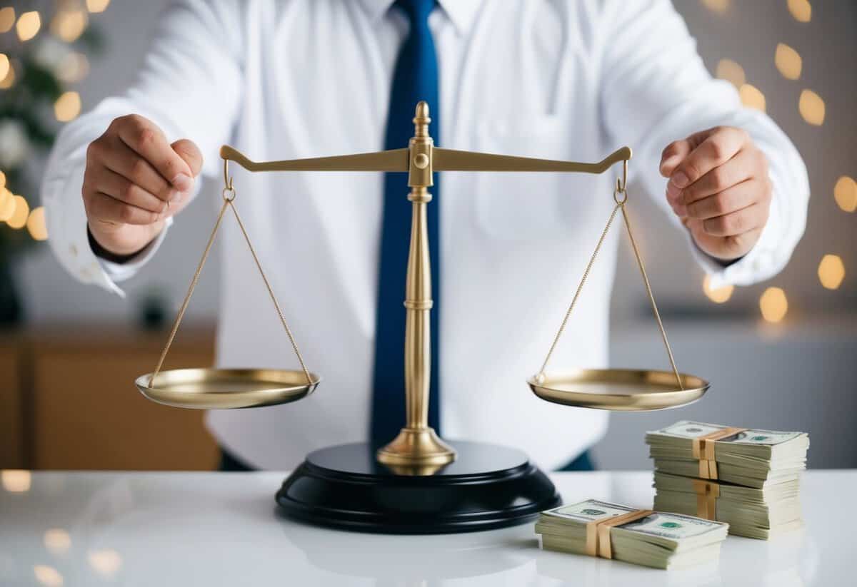 A father figure balancing a scale with wedding-related expenses on one side and a stack of money on the other