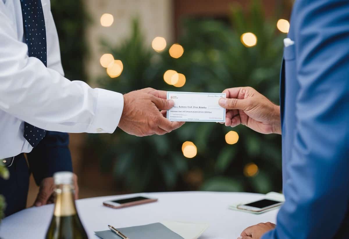 A father handing over a check to a wedding planner