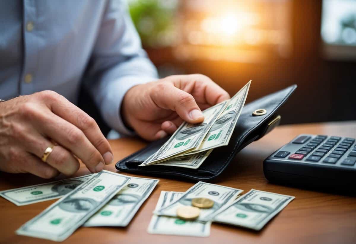 A father counting out bills from a wallet onto a table