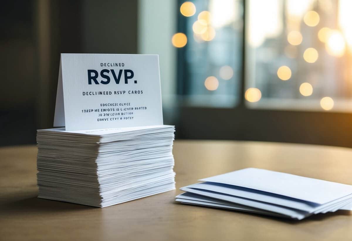 A stack of declined RSVP cards sits on a table, alongside a pile of unopened envelopes