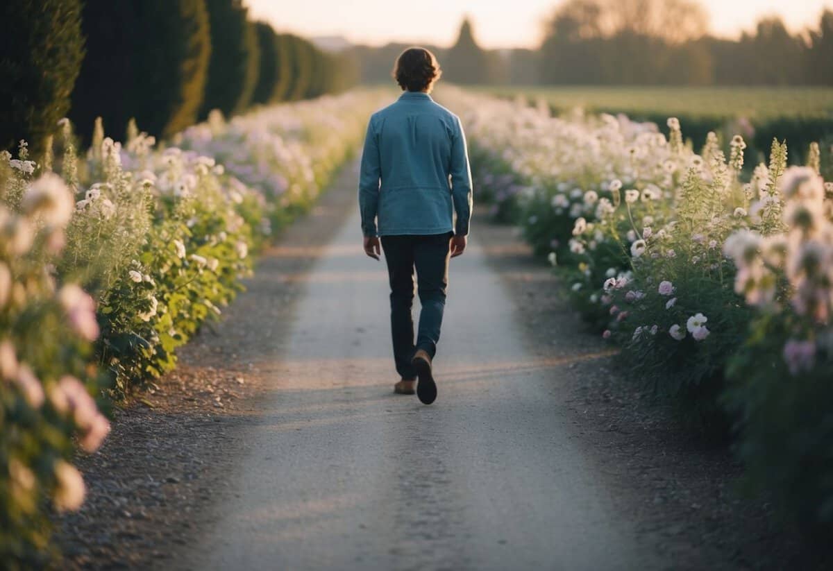 A lone figure walks down a flower-lined path, surrounded by the soft glow of evening light