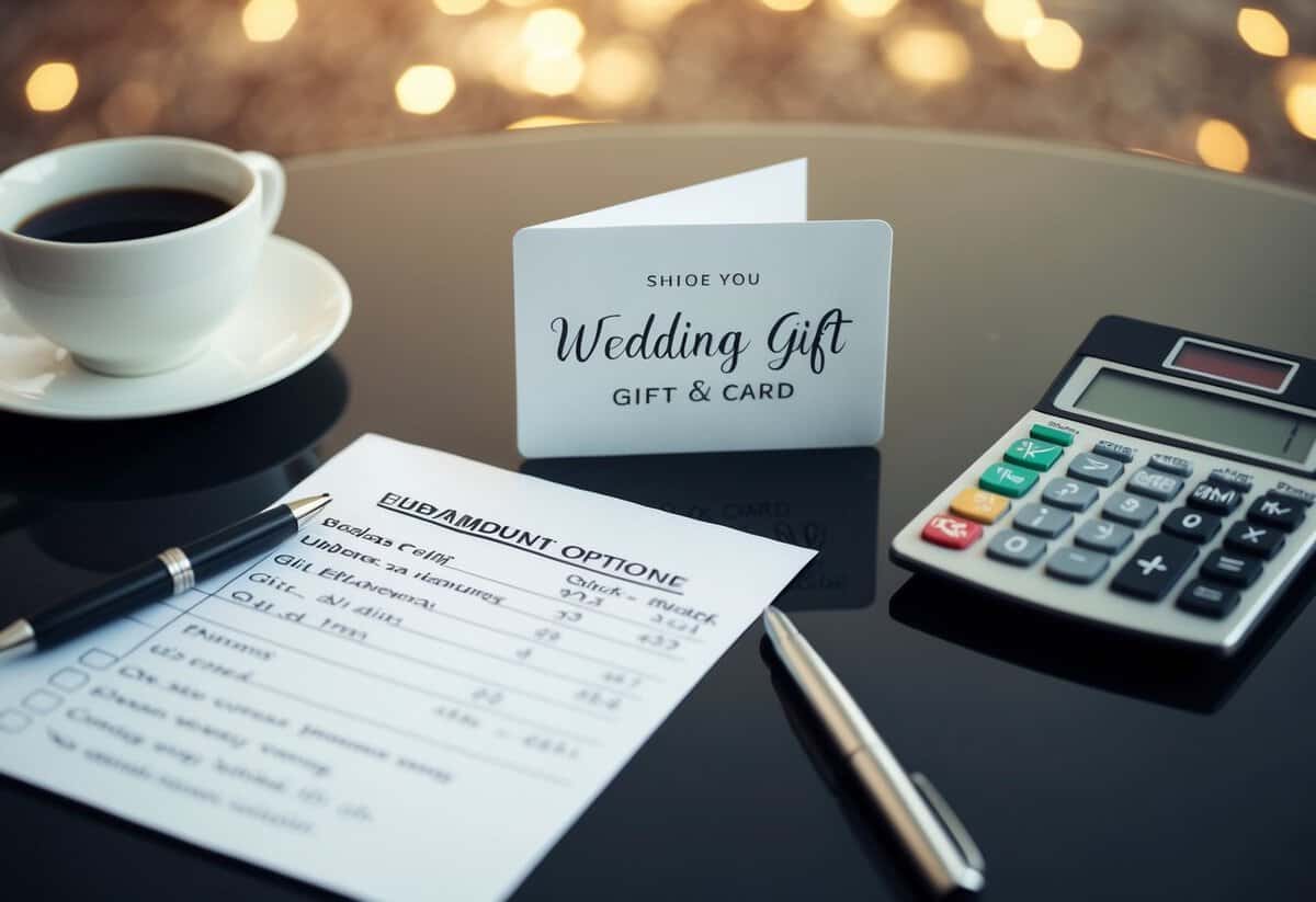 A table with a wedding gift card, a cash envelope, and a calculator. A pen and paper with notes on budgeting and gift amount options