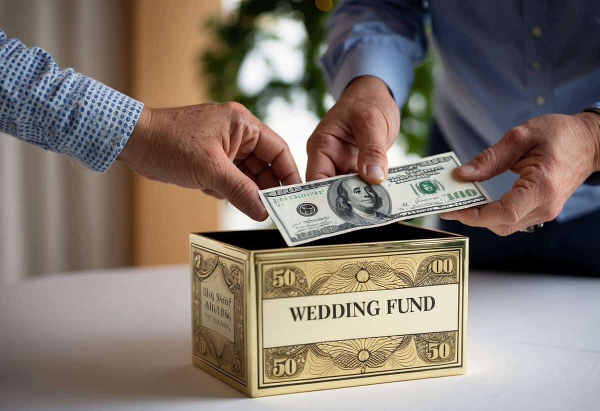 A parent placing a large sum of money into a decorative wedding fund box