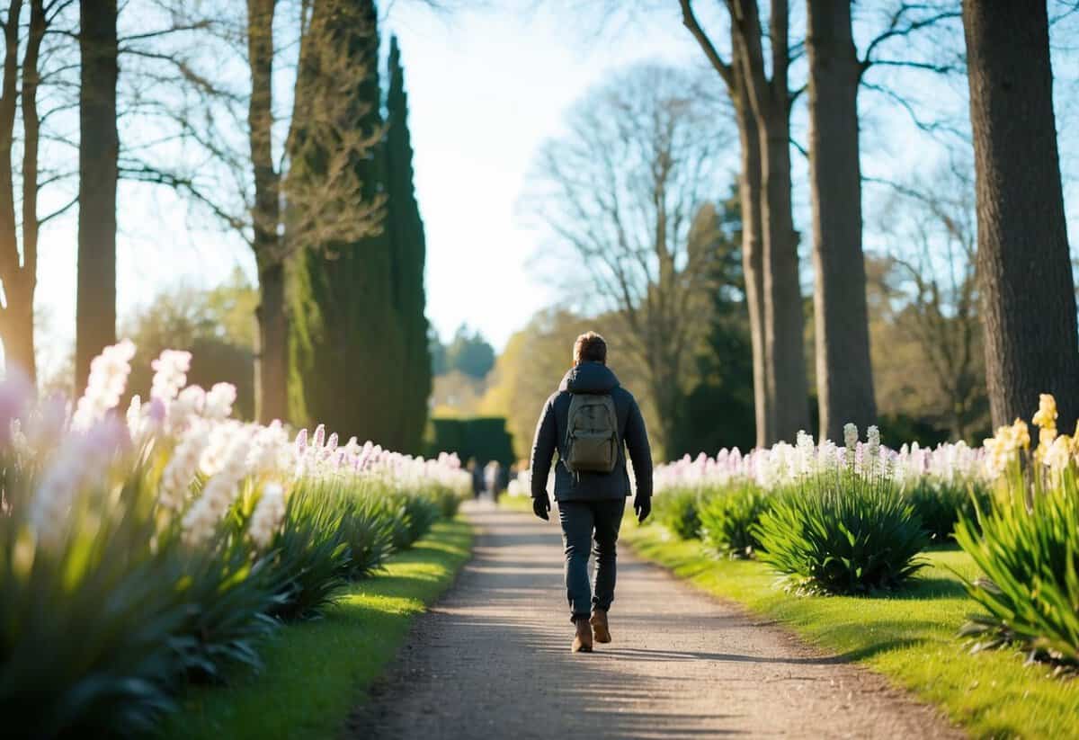 A lone figure walks along a path, surrounded by blooming flowers and tall trees. The sun casts a warm glow on the scene