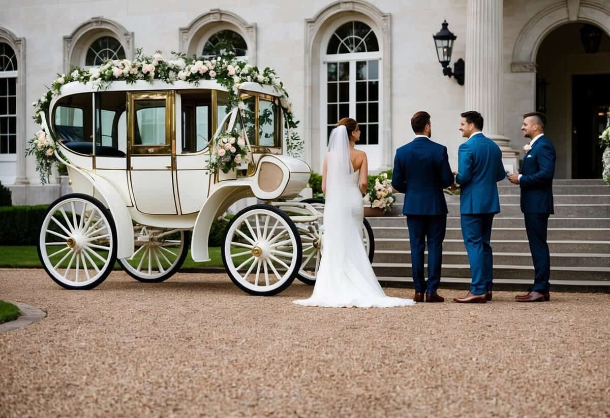 A wedding coach parked outside a grand venue, adorned with flowers and ribbons, as a couple approaches to inquire about pricing