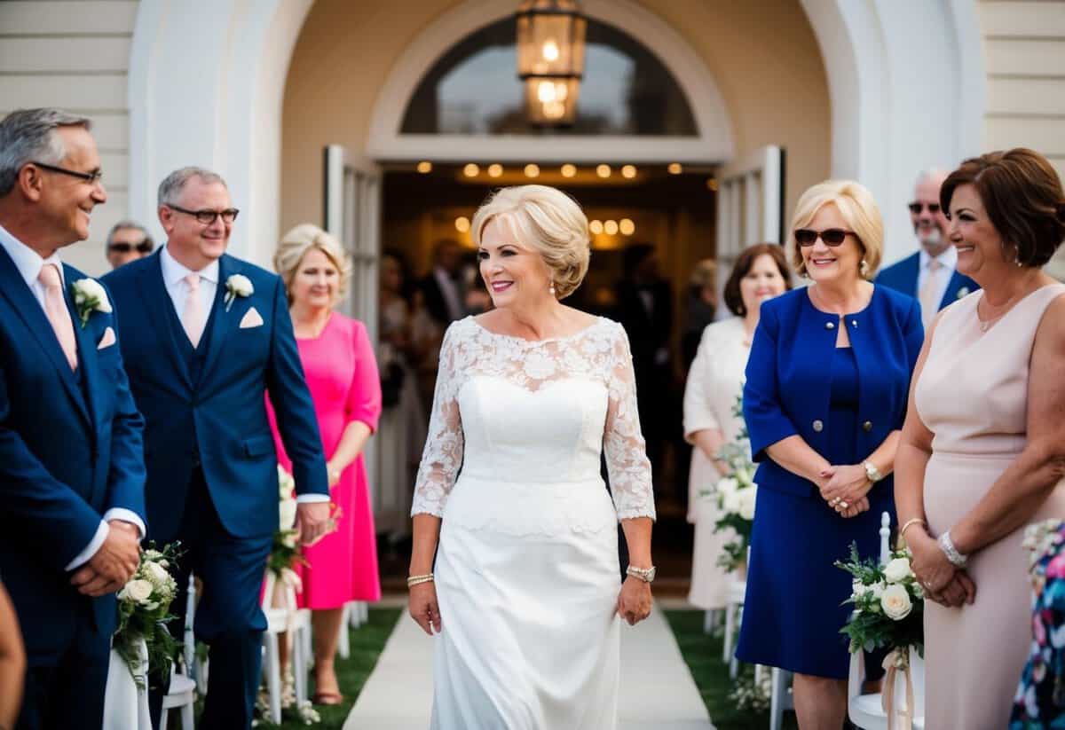 The mother of the bride walks confidently down the aisle, surrounded by supportive family members