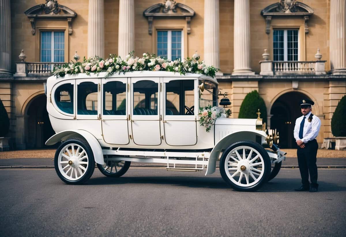A wedding coach parked in front of a grand venue, adorned with flowers and ribbons, with a driver standing nearby