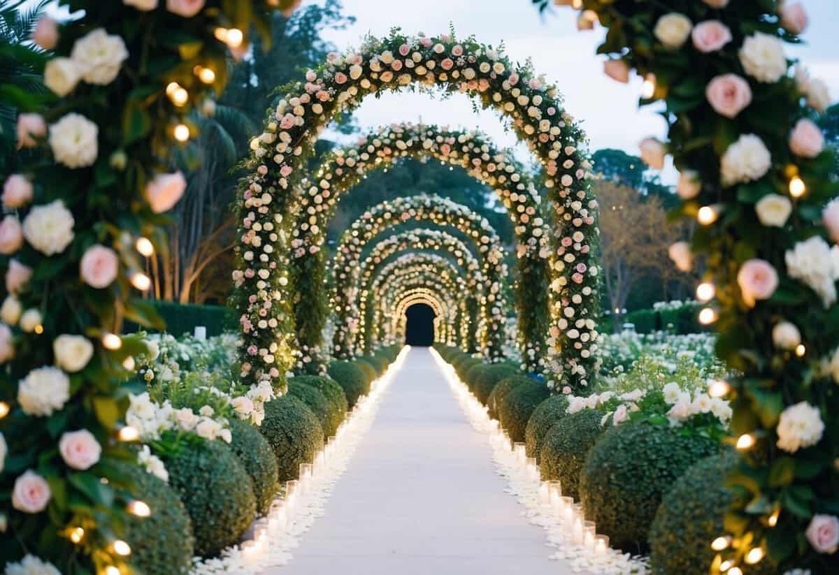 A grand archway adorned with flowers and twinkling lights, leading to a path lined with lush greenery and delicate petals