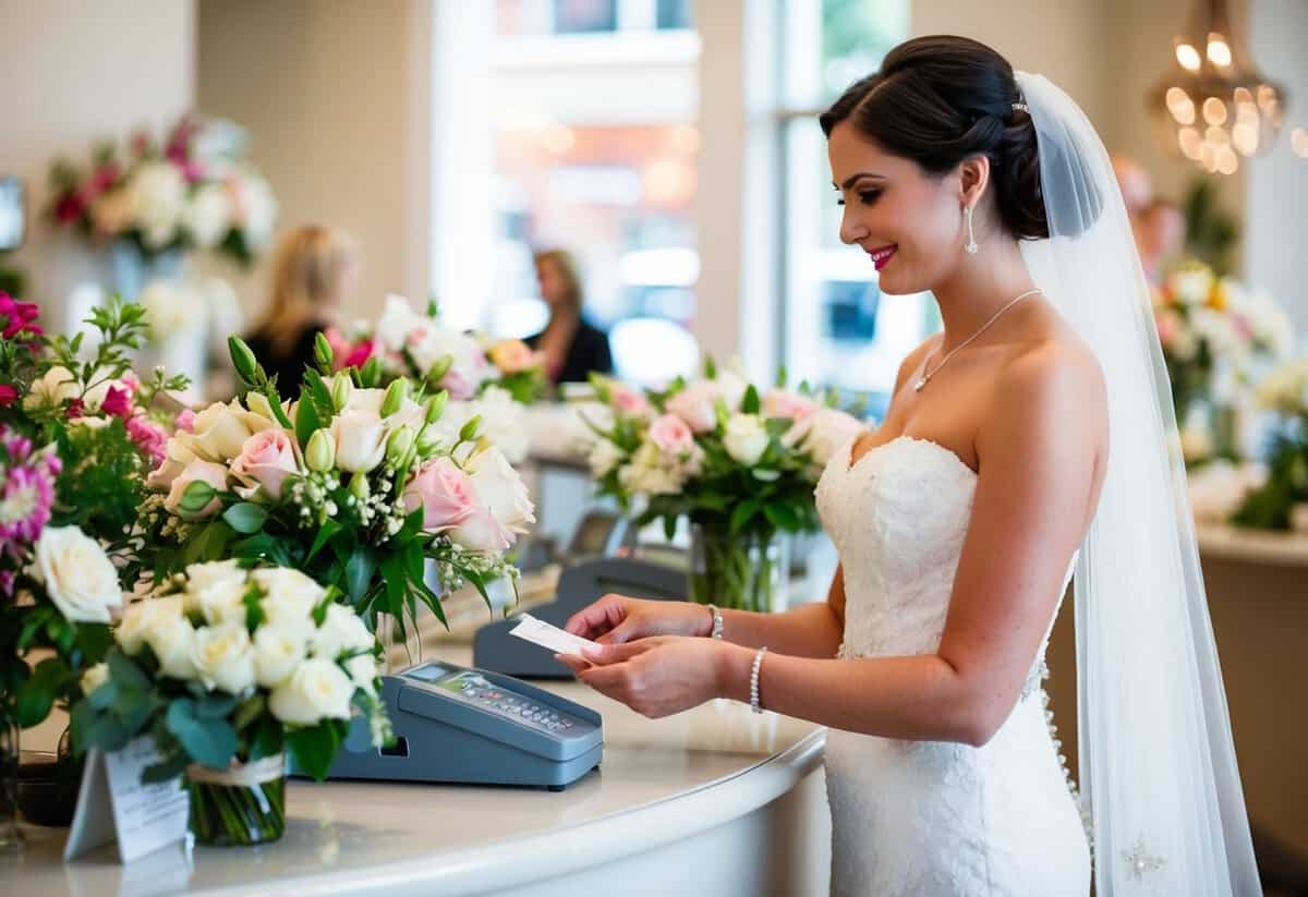 A bride paying for wedding flowers at a floral shop counter
