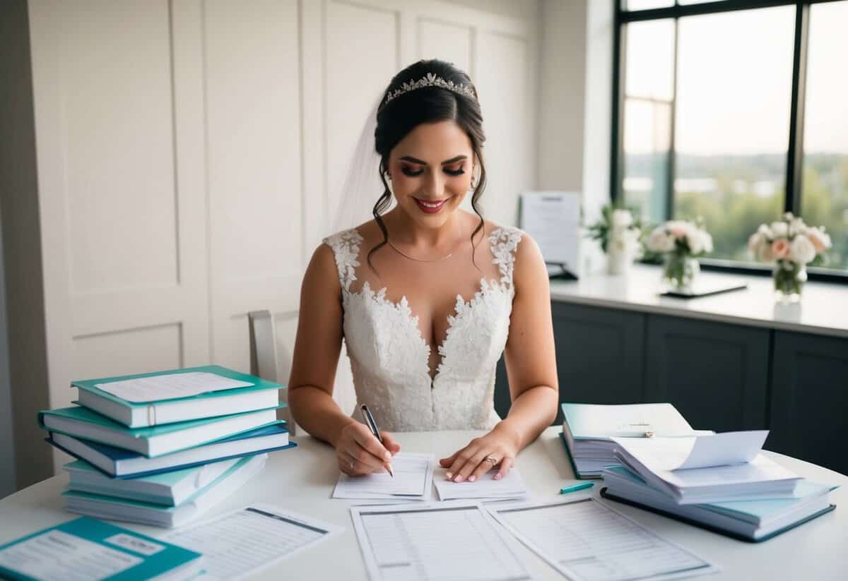 A bride sitting at a table, surrounded by wedding planning books and spreadsheets, writing out checks for various vendors and services