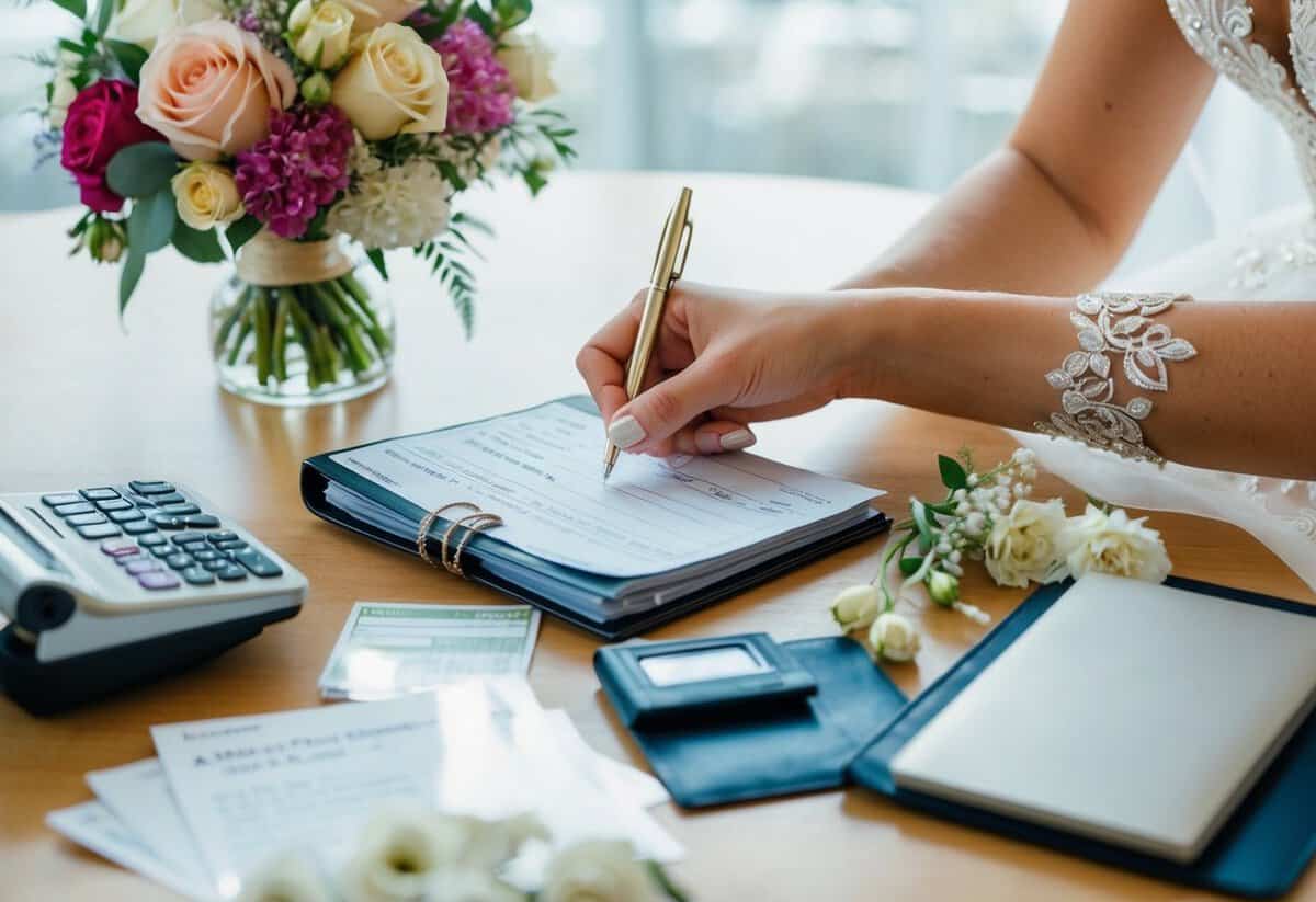 A bride's hand holding a checkbook, surrounded by wedding-related expenses such as a venue, flowers, and a wedding dress