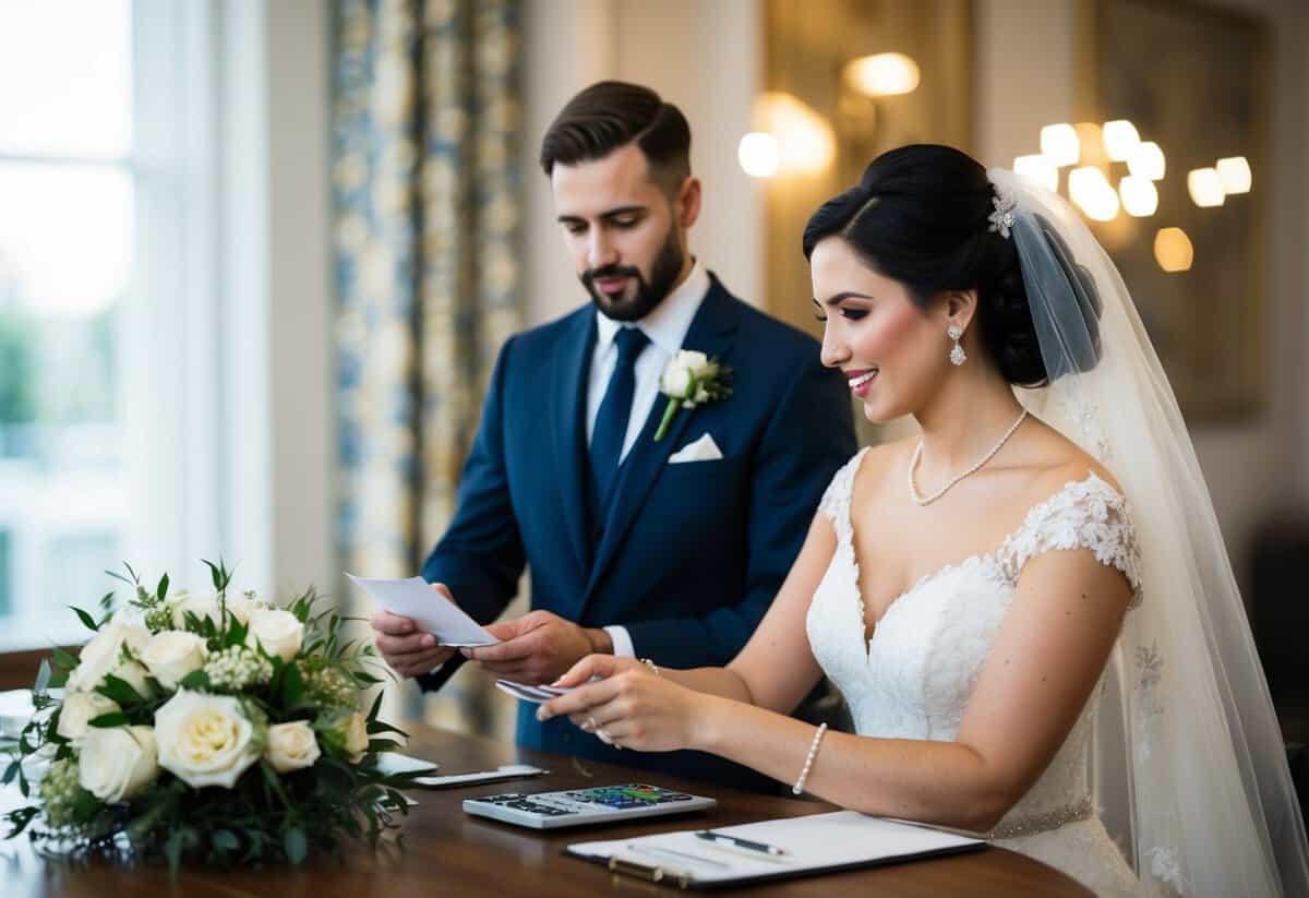 A bride paying for wedding expenses, including venue, catering, and attire