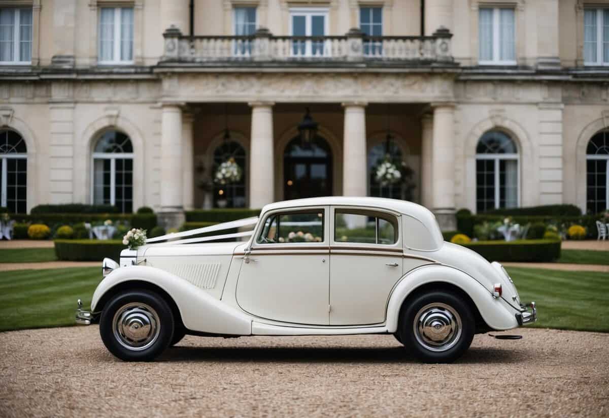A vintage car with ribbons and flowers parked outside a grand wedding venue