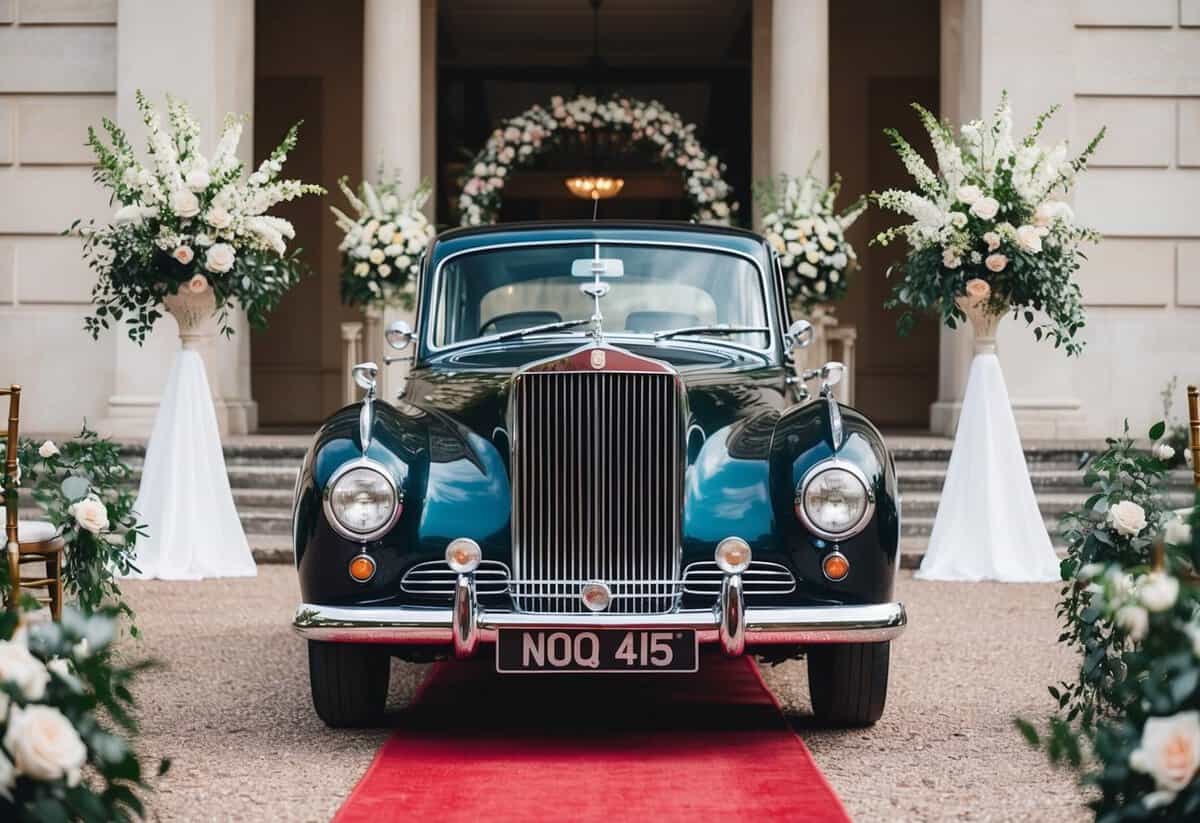 A vintage wedding car parked outside a grand venue, surrounded by floral decorations and a red carpet leading to the entrance