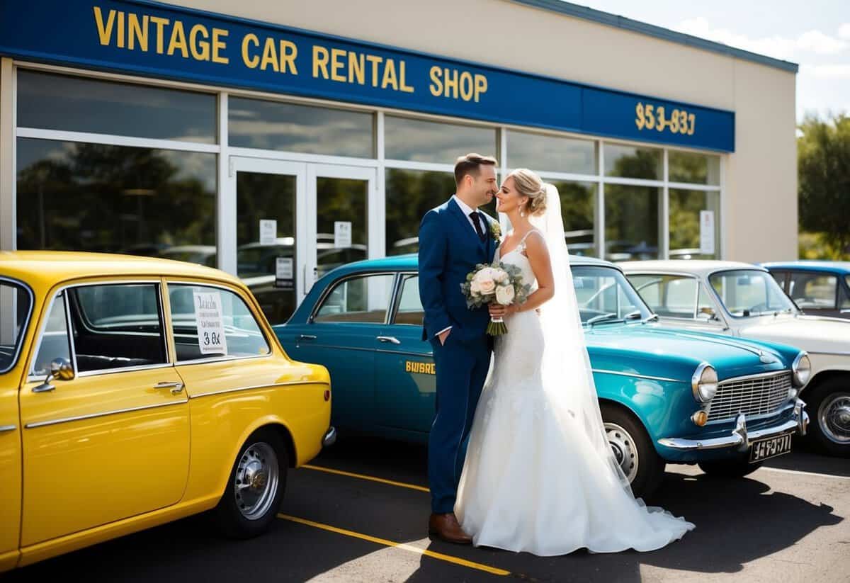 A bride and groom stand outside a vintage car rental shop, comparing prices on a sunny afternoon