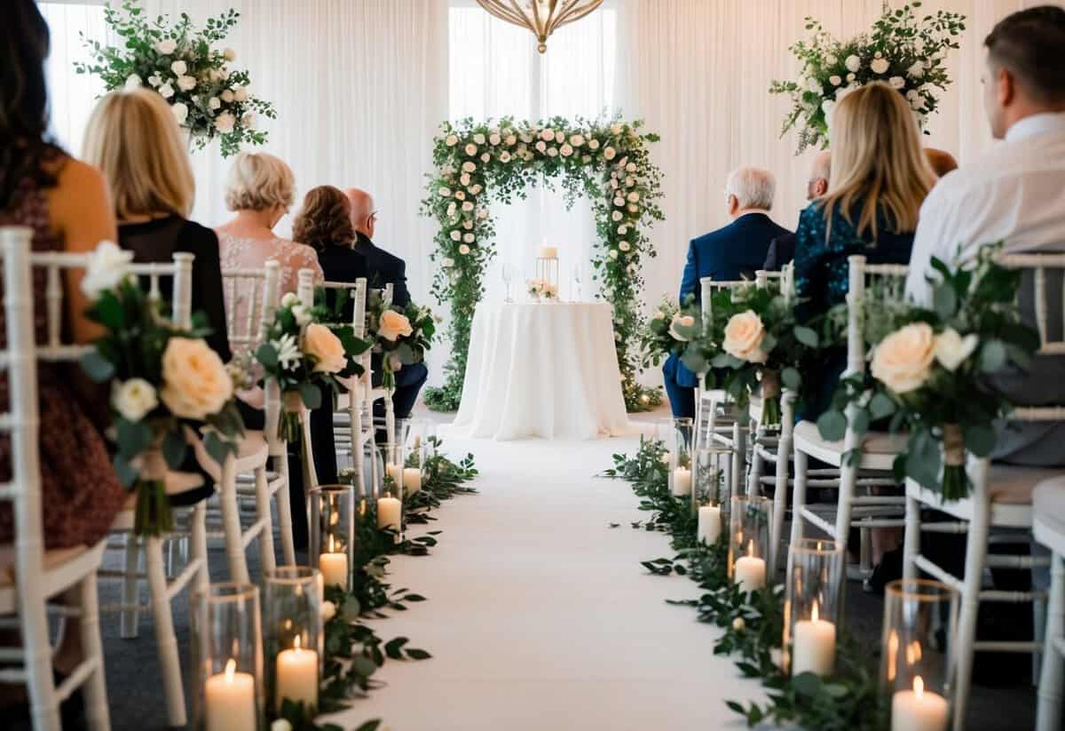 A wedding venue with floral decorations, a white aisle, and seating for guests