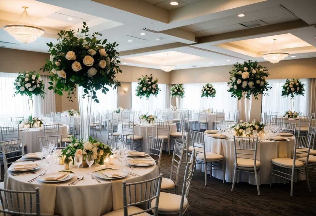 A wedding venue with a beautifully decorated seating area, adorned with floral arrangements and elegant table settings, ready for a moderate-sized guest list