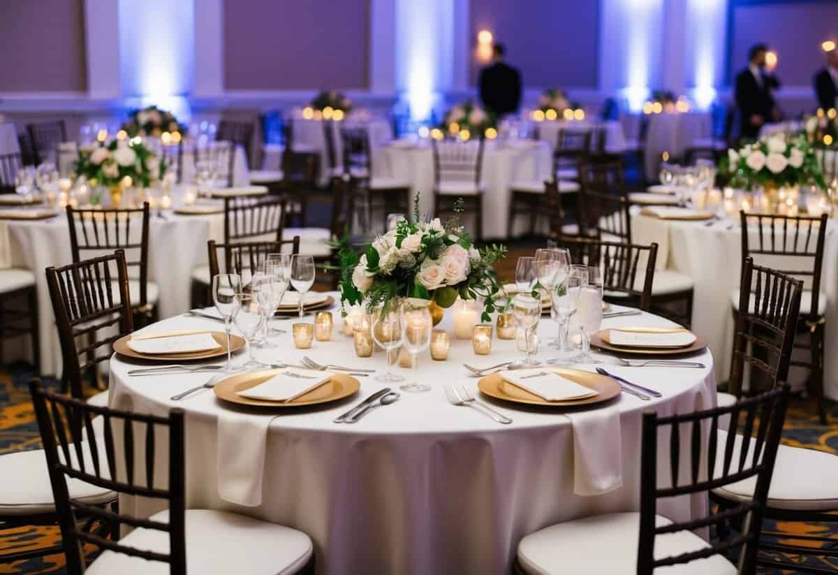 A festive wedding reception with a mix of round and rectangular tables, adorned with floral centerpieces and elegant place settings