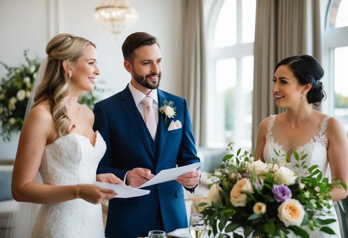 A bride and groom meet with a wedding planner, discussing floral arrangements, catering, and venue options