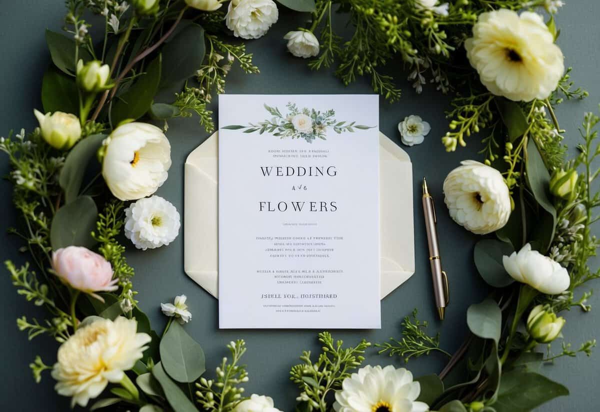 A wedding invitation surrounded by flowers and greenery, with a pen and a blank space for writing in the guest's name