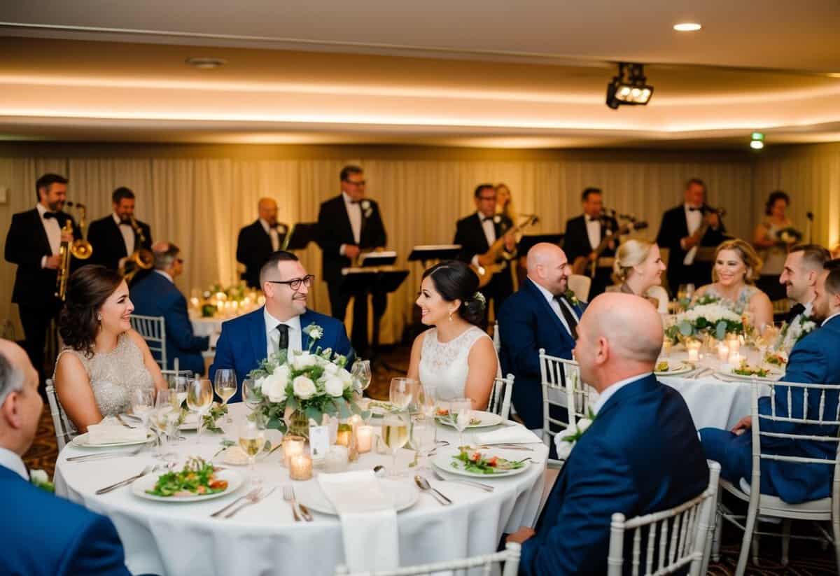 A festive wedding reception with a moderate number of guests seated at round tables, enjoying a meal and conversation. A live band entertains in the background