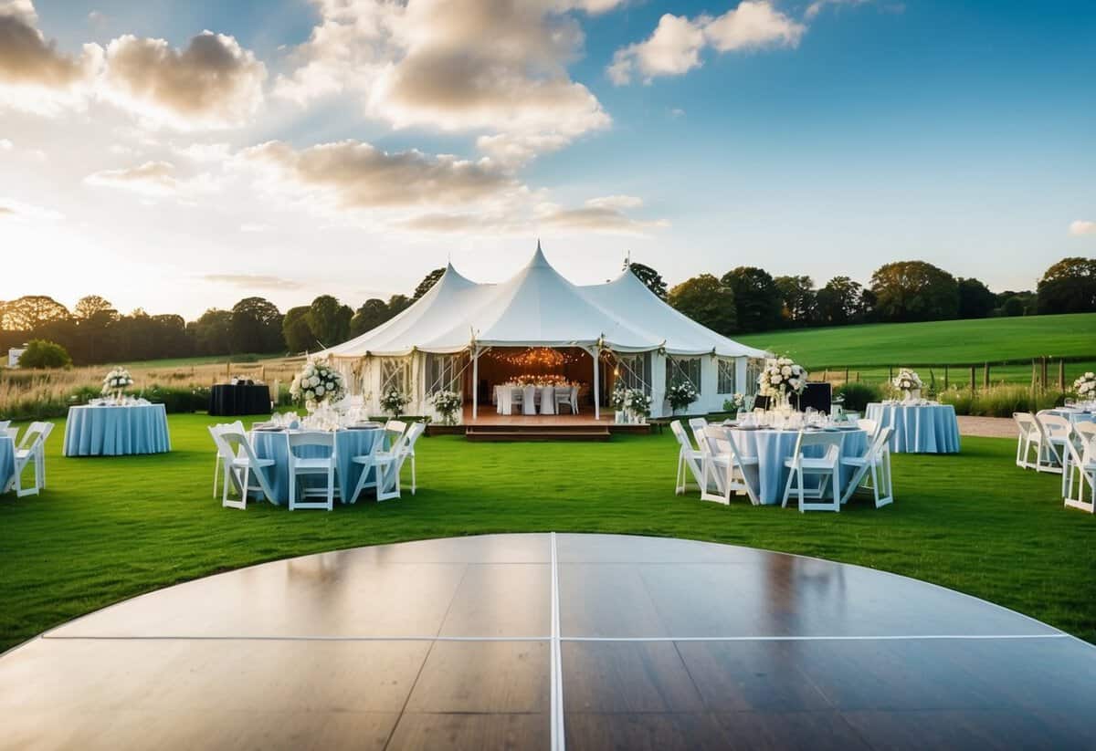 A picturesque countryside wedding venue with a marquee, floral decorations, dining tables, and a dance floor