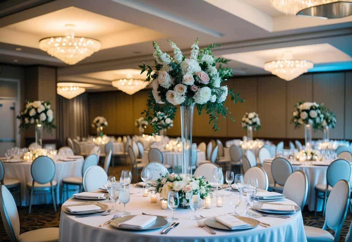A wedding venue with tables set for a moderate number of guests, surrounded by floral arrangements and elegant decor