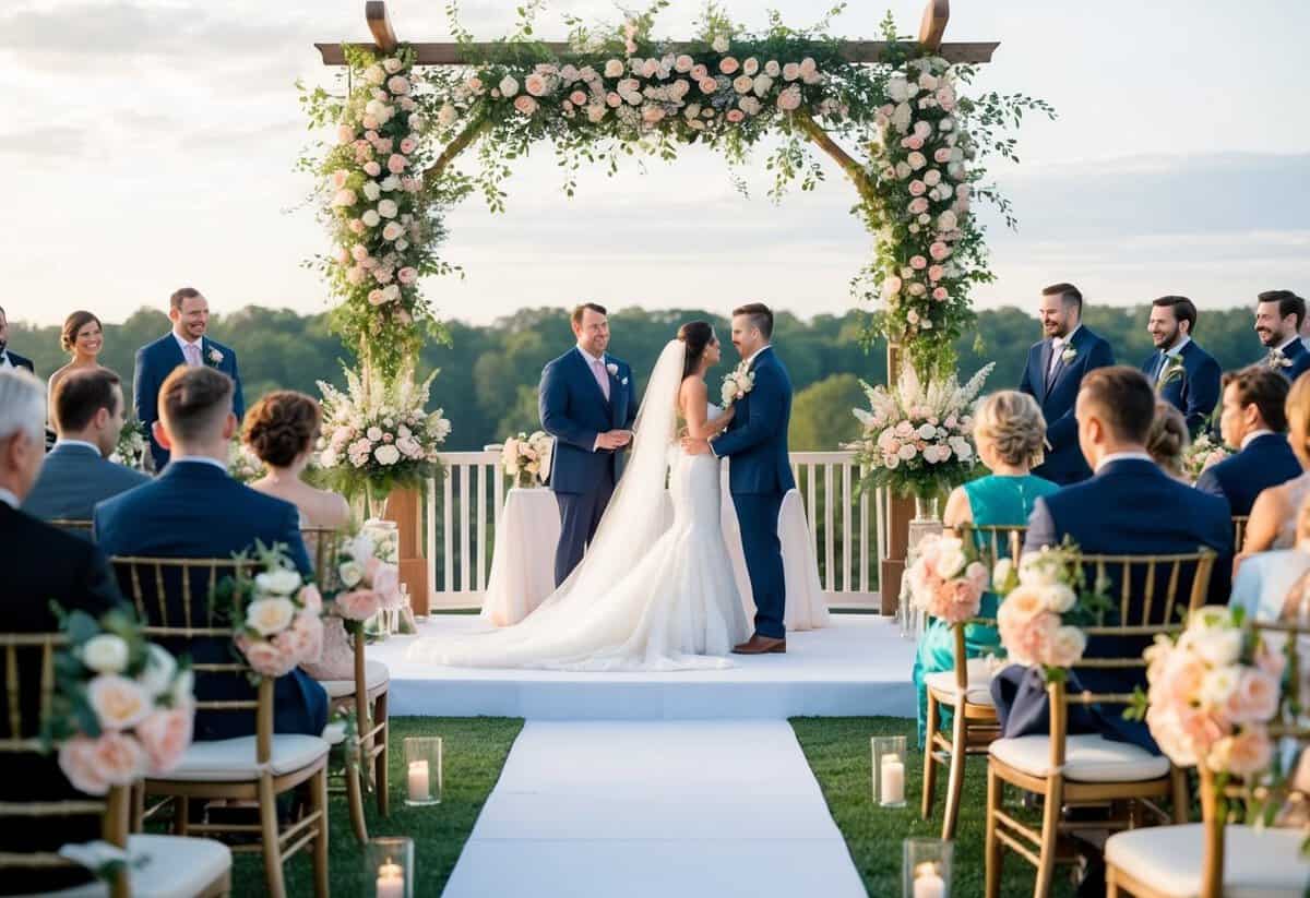 A beautiful outdoor wedding ceremony and reception with floral decorations and a picturesque backdrop