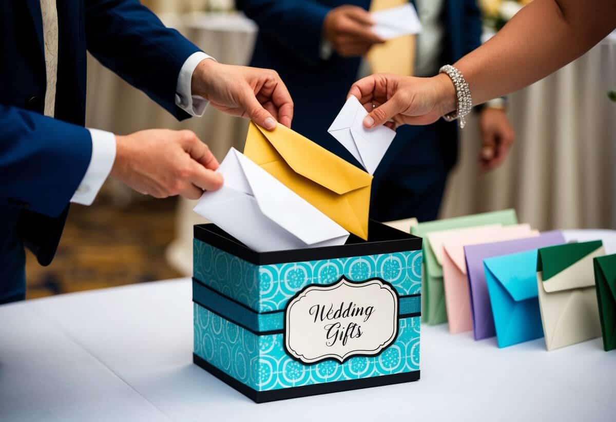 Guests drop envelopes into a decorative box labeled "wedding gifts" at a reception table. The box overflows with various sizes and colors of envelopes