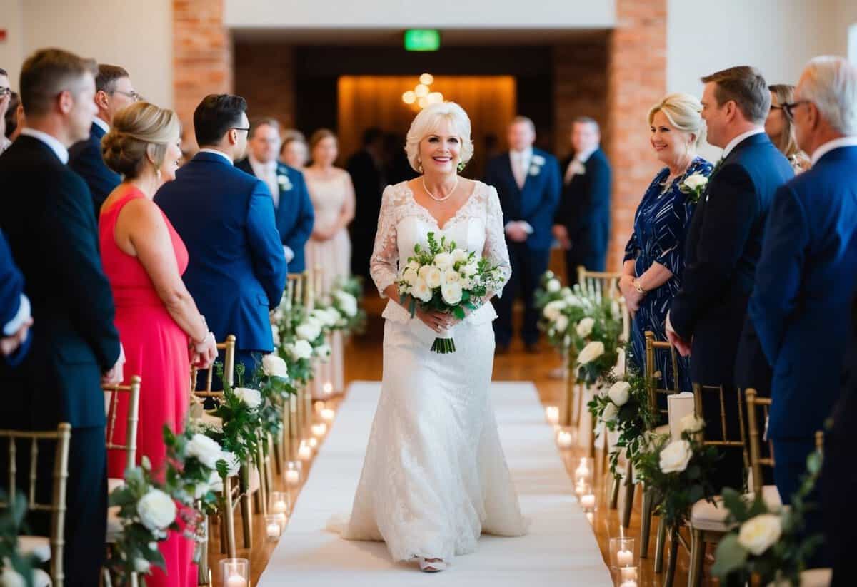 The mother of the bride walks down the aisle before the ceremony begins