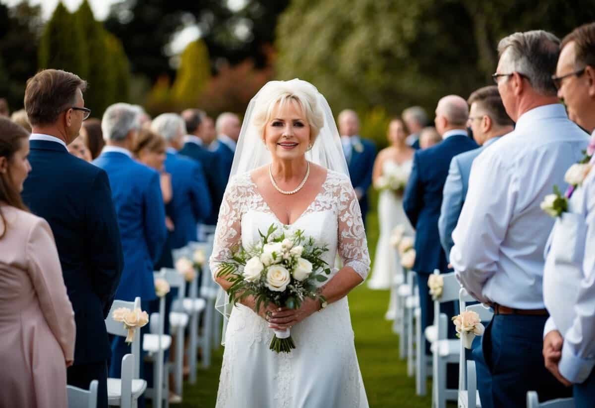 The mother of the bride walks down the aisle before the start of the wedding procession