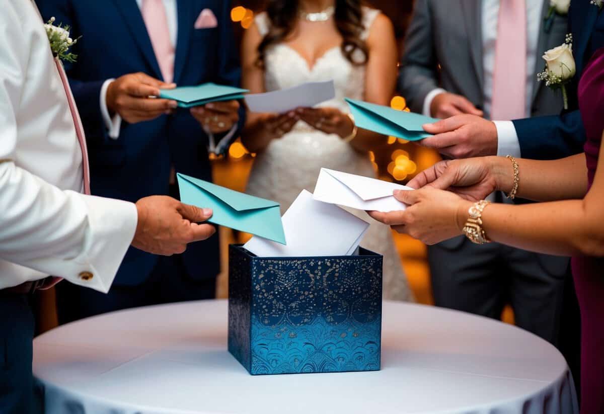 Guests place envelopes of various sizes and colors into a decorative box at a wedding reception