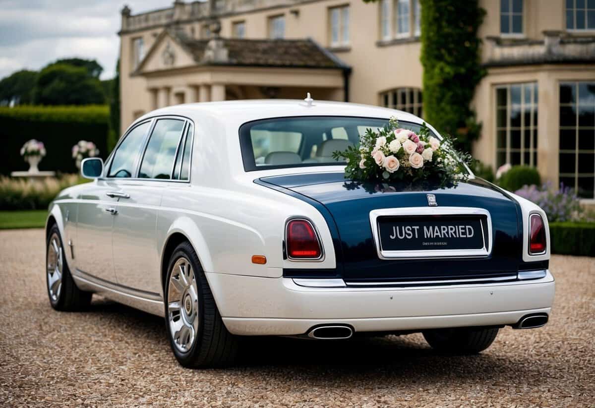 A Rolls Royce parked outside a luxurious wedding venue, adorned with floral decorations and a "Just Married" sign on the back