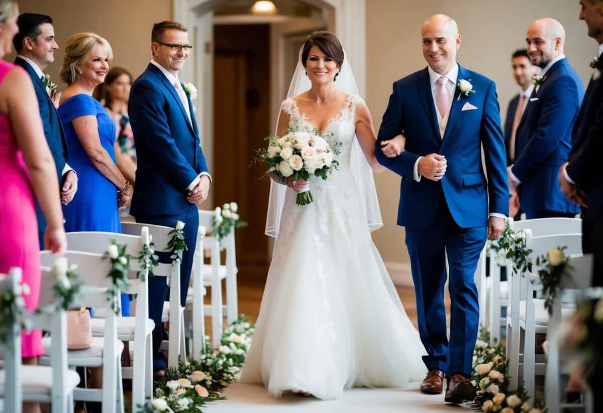 The mother of the bride walks down the aisle before the ceremony begins, escorted by an usher or family member