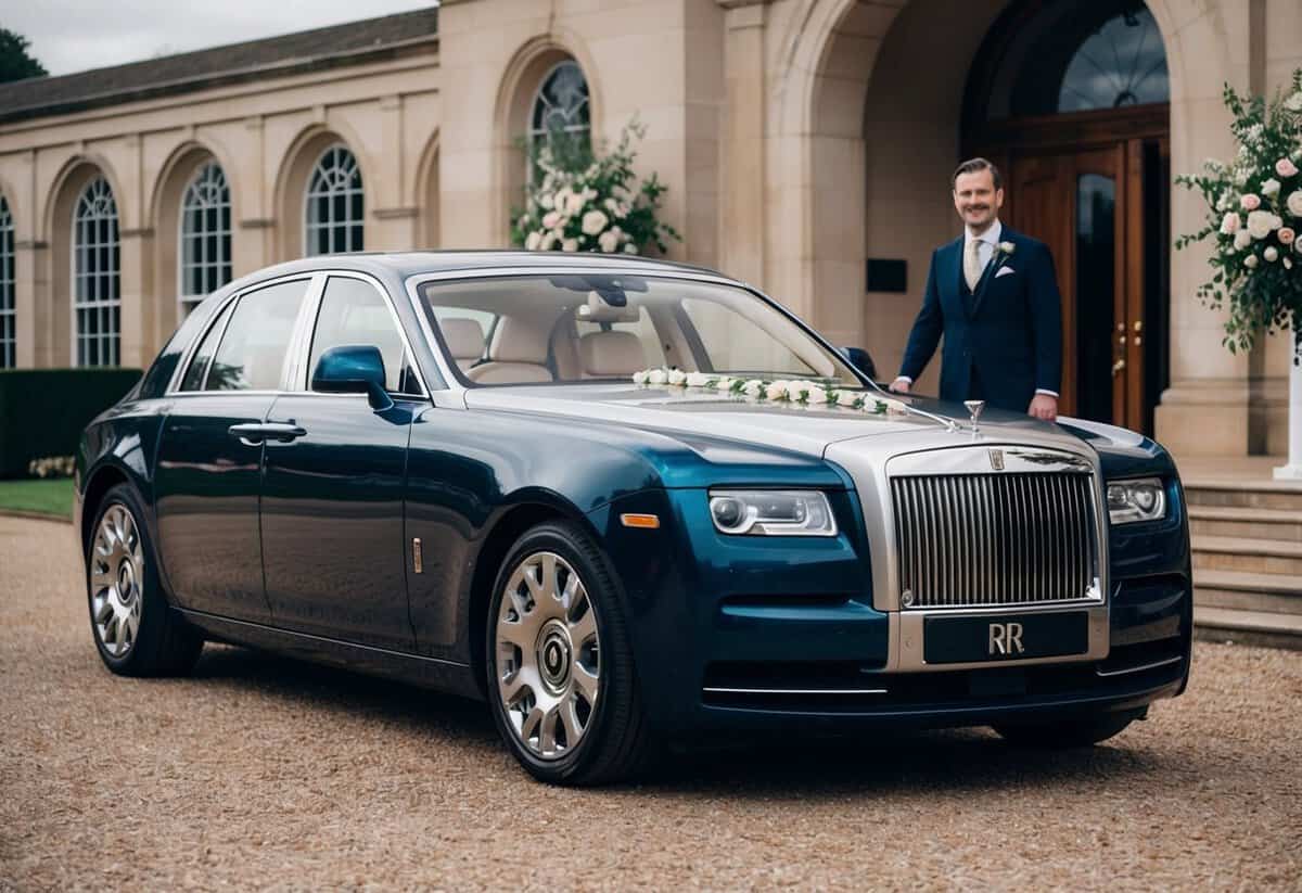 A luxurious Rolls Royce parked outside a grand wedding venue, adorned with floral decorations and a chauffeur standing by