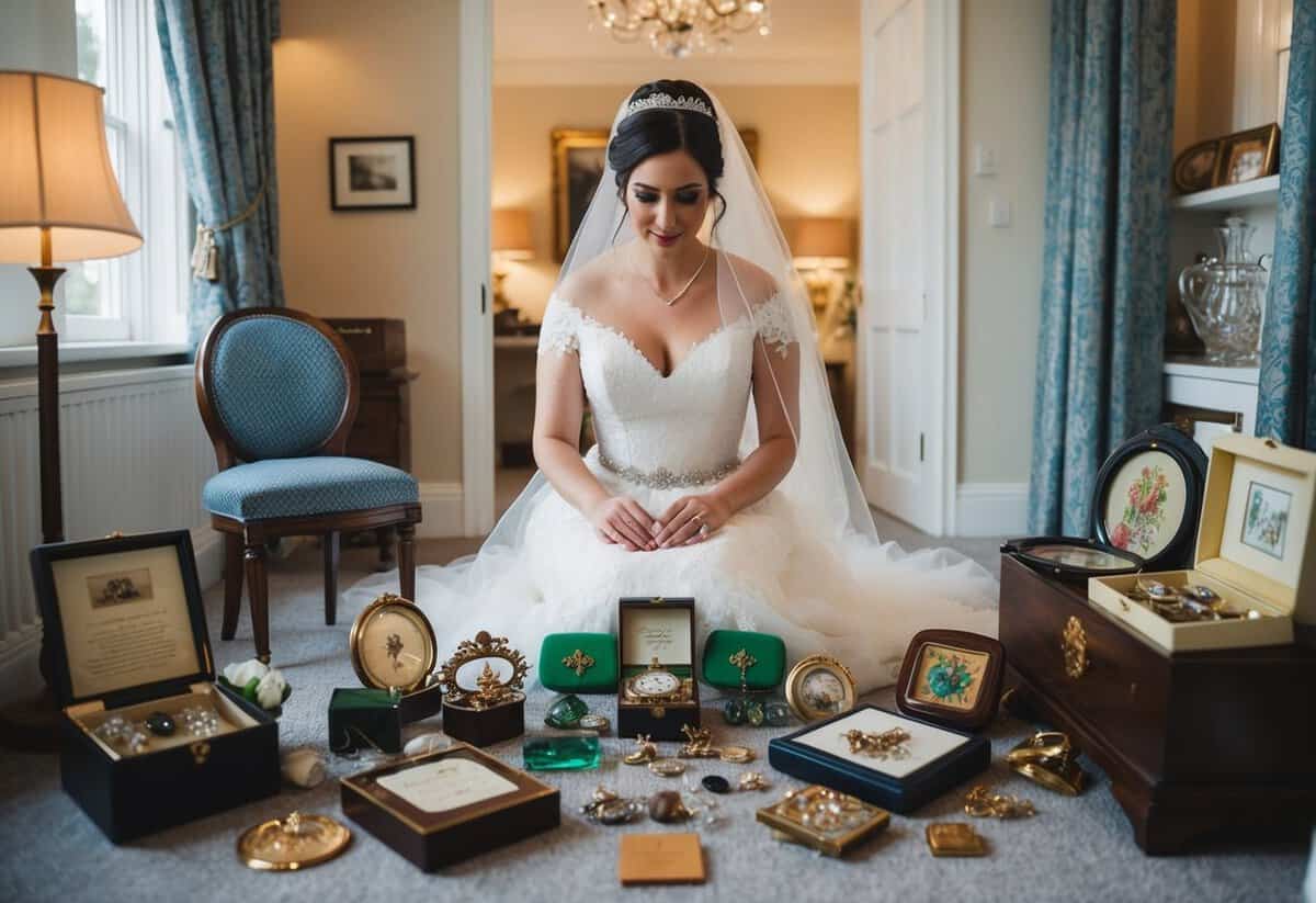 A bride sits surrounded by family heirlooms and good luck charms, preparing for her wedding day