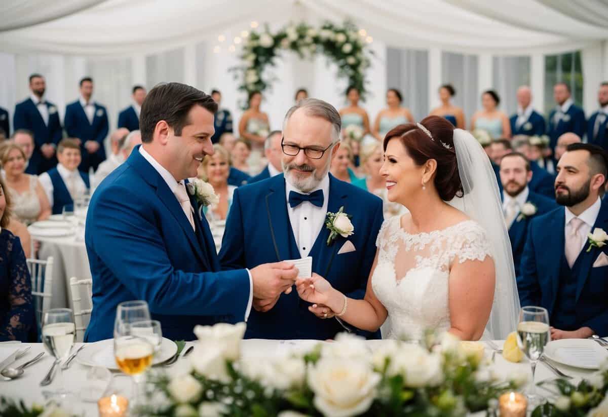The groom's parents pay for the rehearsal dinner, the marriage license, and the officiant's fee
