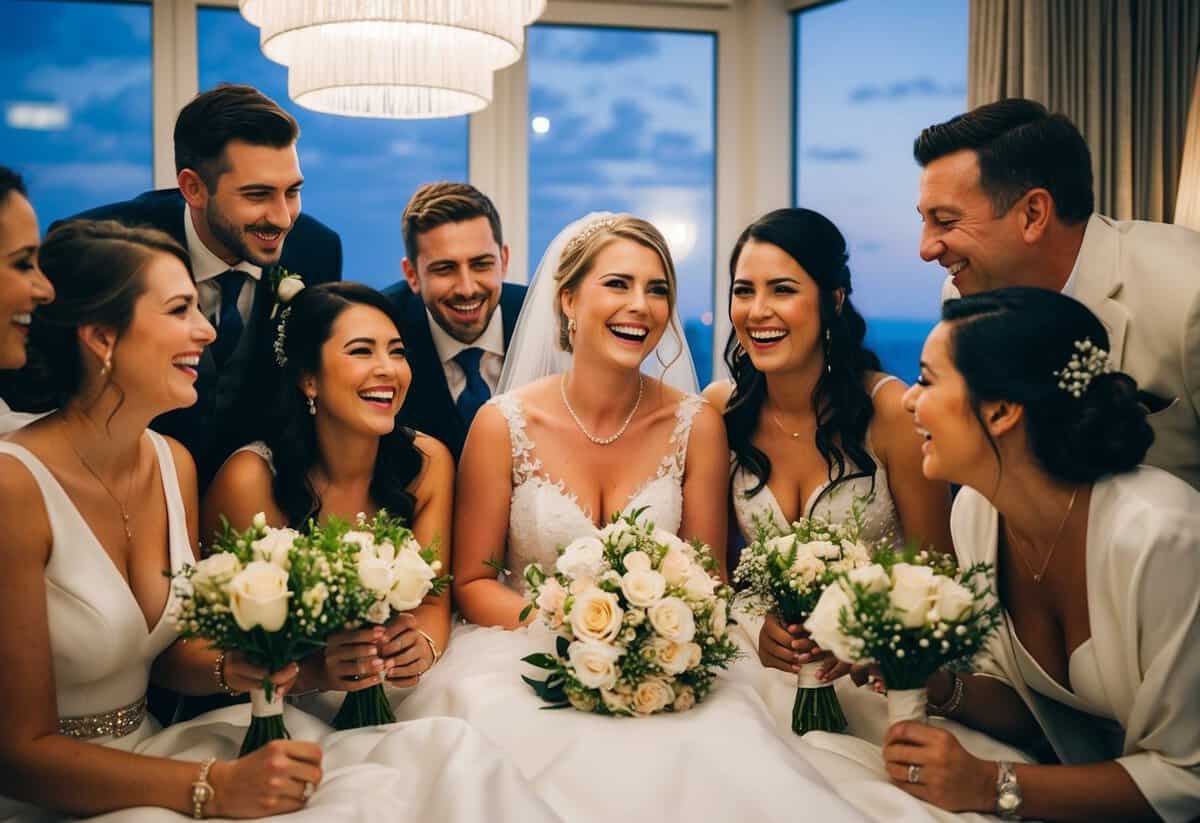 The bride spends the night before the wedding surrounded by her closest friends and family, sharing laughter and making memories